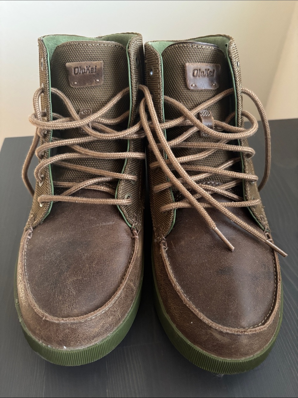 OluKai Men's Brown Leather Chukka Boots with Green Soles